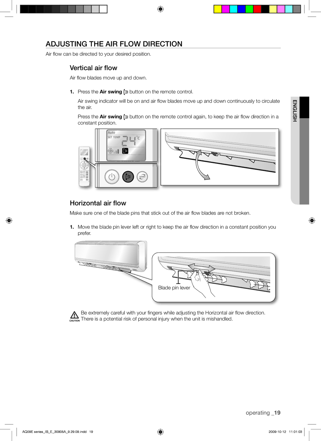 Samsung AQ24ESANMID, AQ18UUANMID, AQ18ESANMID manual Adjusting the AIR Flow Direction, Vertical air flow, Horizontal air flow 