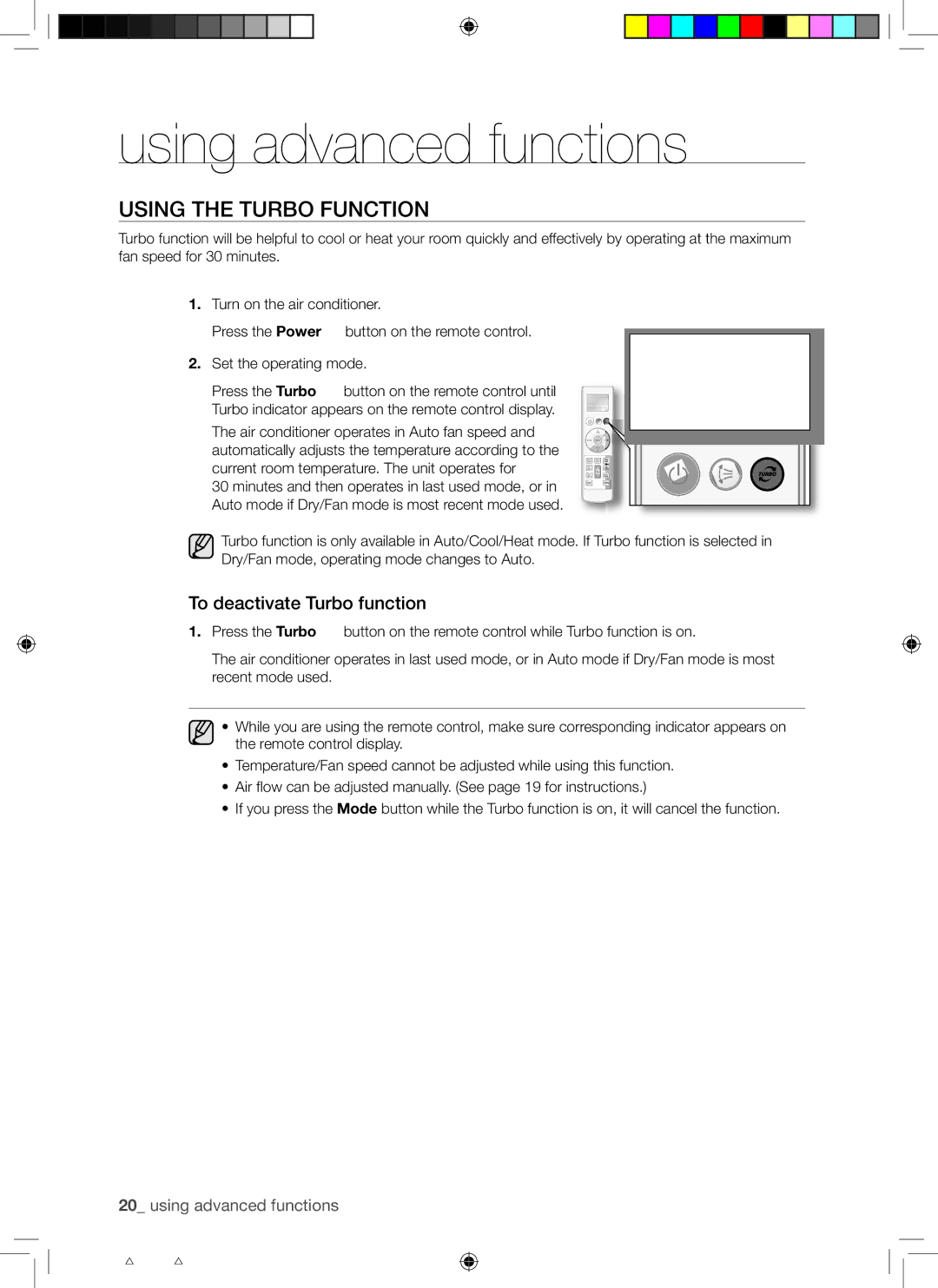 Samsung AQ24ESAXMID, AQ18UUANMID manual Using advanced functions, Using the Turbo Function, To deactivate Turbo function 