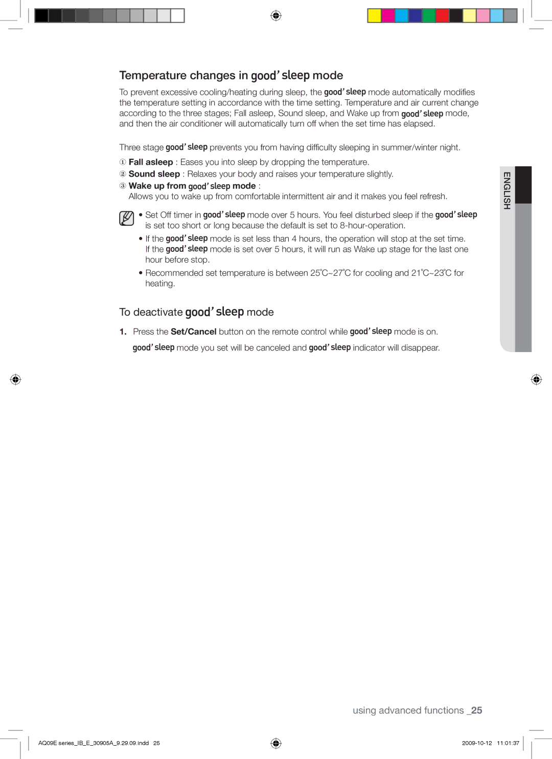 Samsung AQ18UUANMID, AQ18ESANMID, AQ24ESANMID manual Temperature changes in mode, To deactivate mode, Wake up from mode 