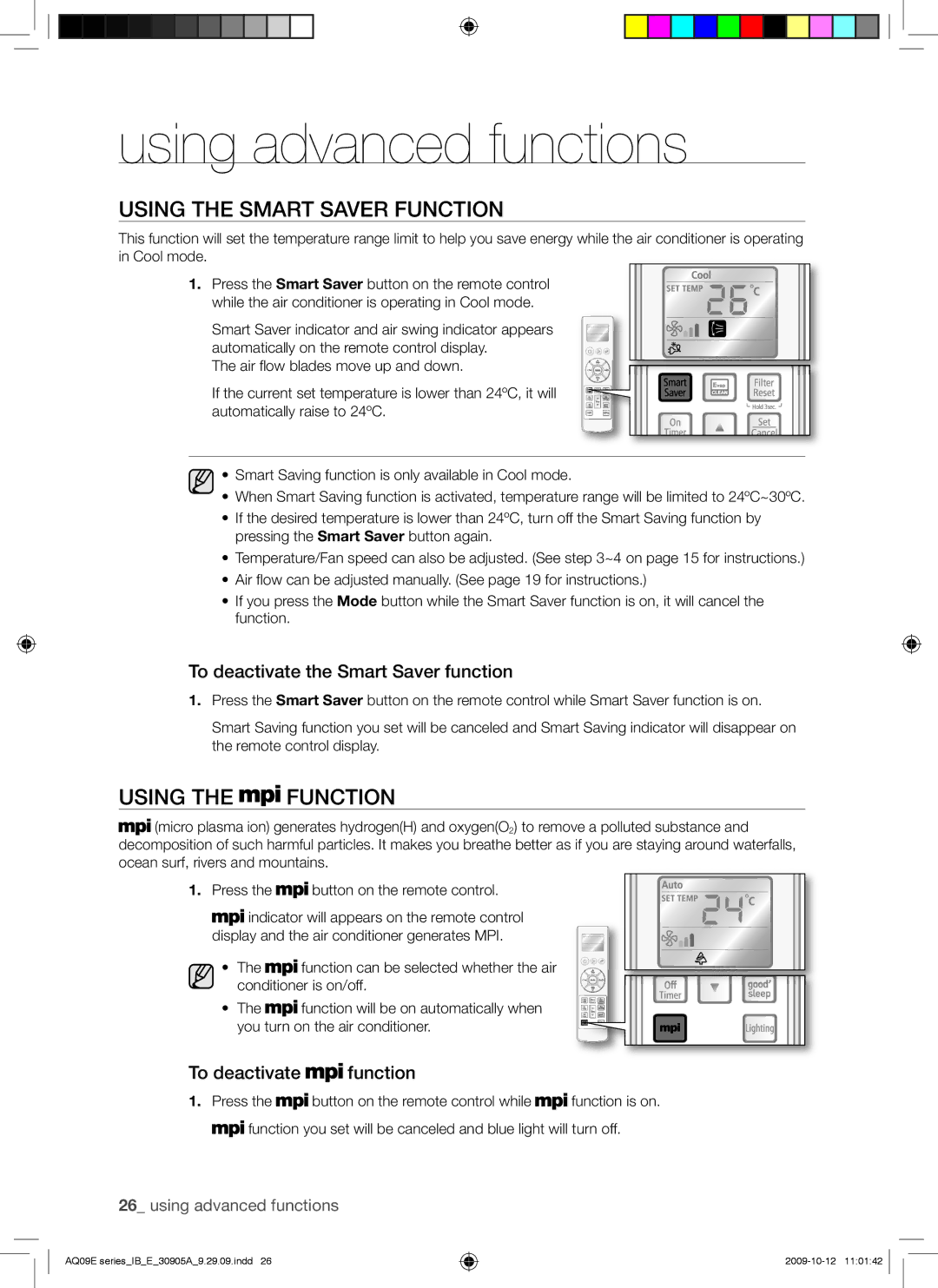 Samsung AQ18ESANMID manual Using the Smart Saver Function, Using the Function, To deactivate the Smart Saver function 