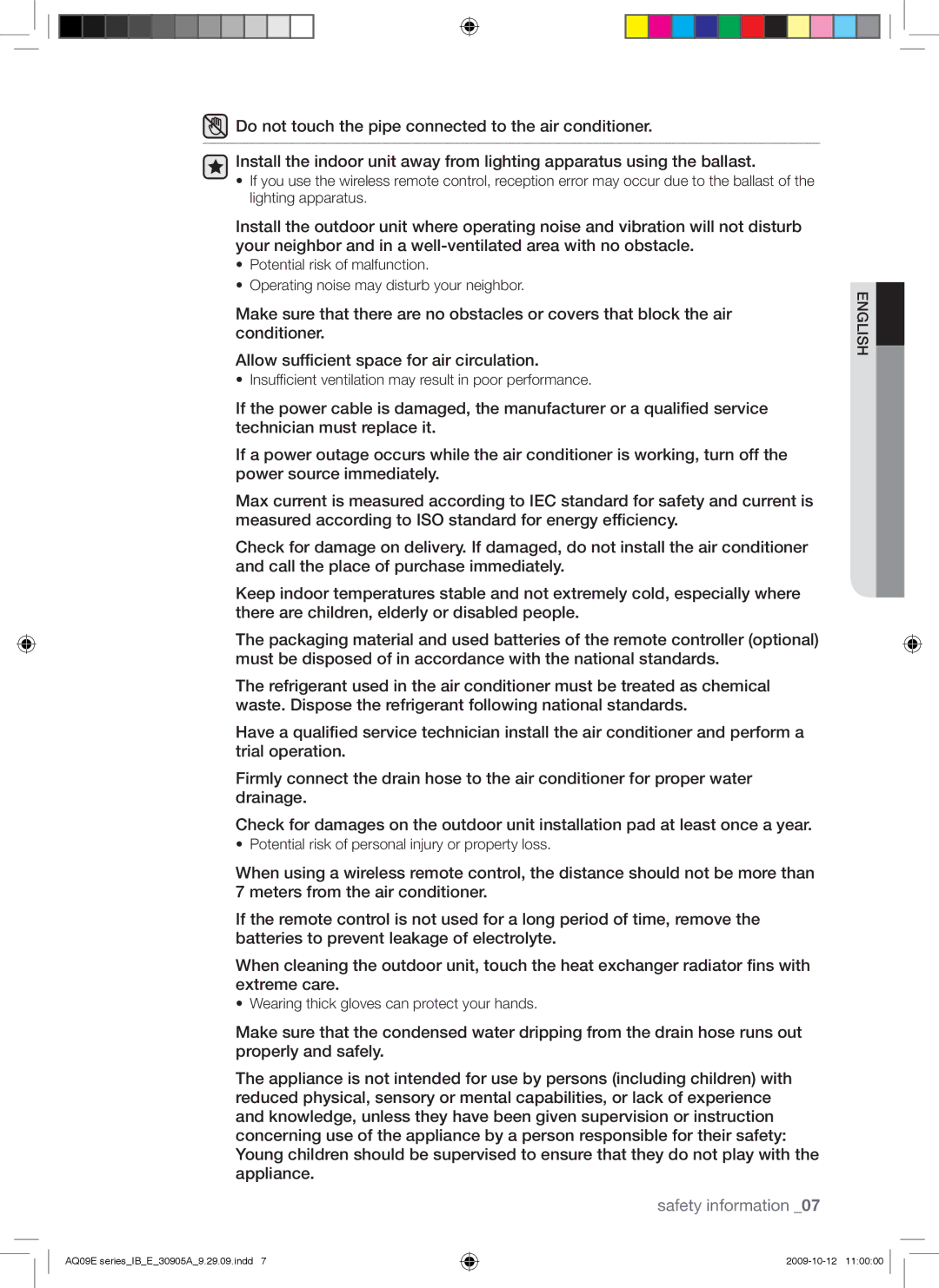 Samsung AQ12ESANMID, AQ18UUANMID, AQ18ESANMID, AQ24ESANMID manual Insufficient ventilation may result in poor performance 