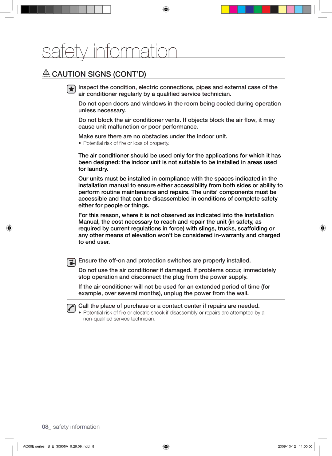 Samsung AQ18ESAXMID, AQ18UUANMID, AQ18ESANMID, AQ24ESANMID, AQ24ESAXMID manual Potential risk of fire or loss of property 