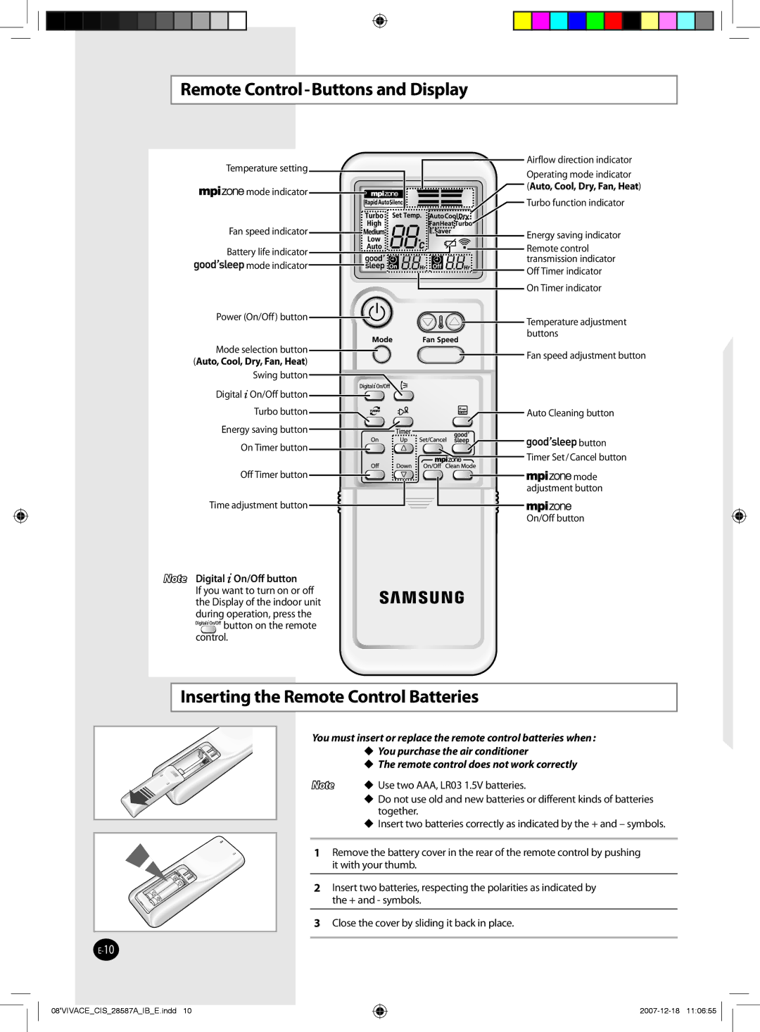 Samsung AQ18VWCXMID, AQ18VBCNUMG, AQ18VBCXUMG Remote Control-Buttons and Display, Inserting the Remote Control Batteries 