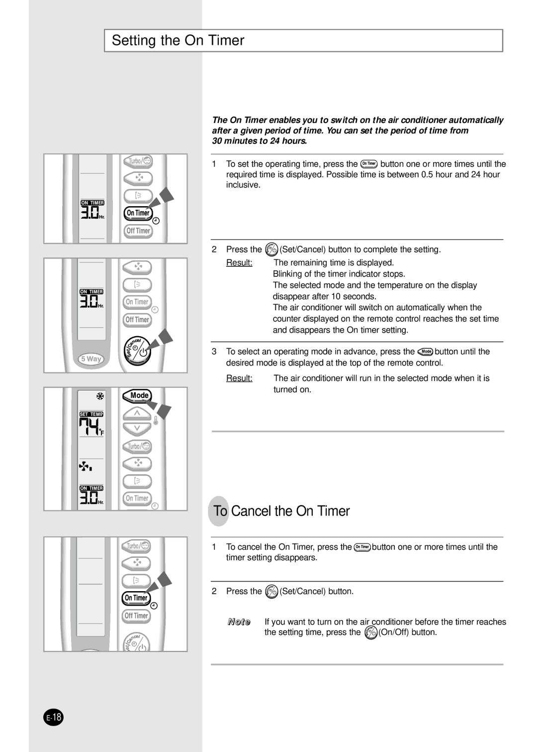 Samsung AQ24A1(2)RCD, UQ18A9(0)RCFD, UQ24A1(2)RCD, UQ12AA(B)MCF Setting the On Timer, To Cancel the On Timer 