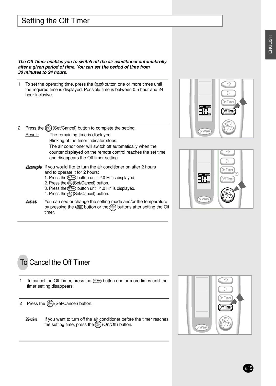 Samsung AQ12AA(B)MCF, AQ24A1(2)RCD, UQ18A9(0)RCFD, UQ24A1(2)RCD Setting the Off Timer, To Cancel the Off Timer 