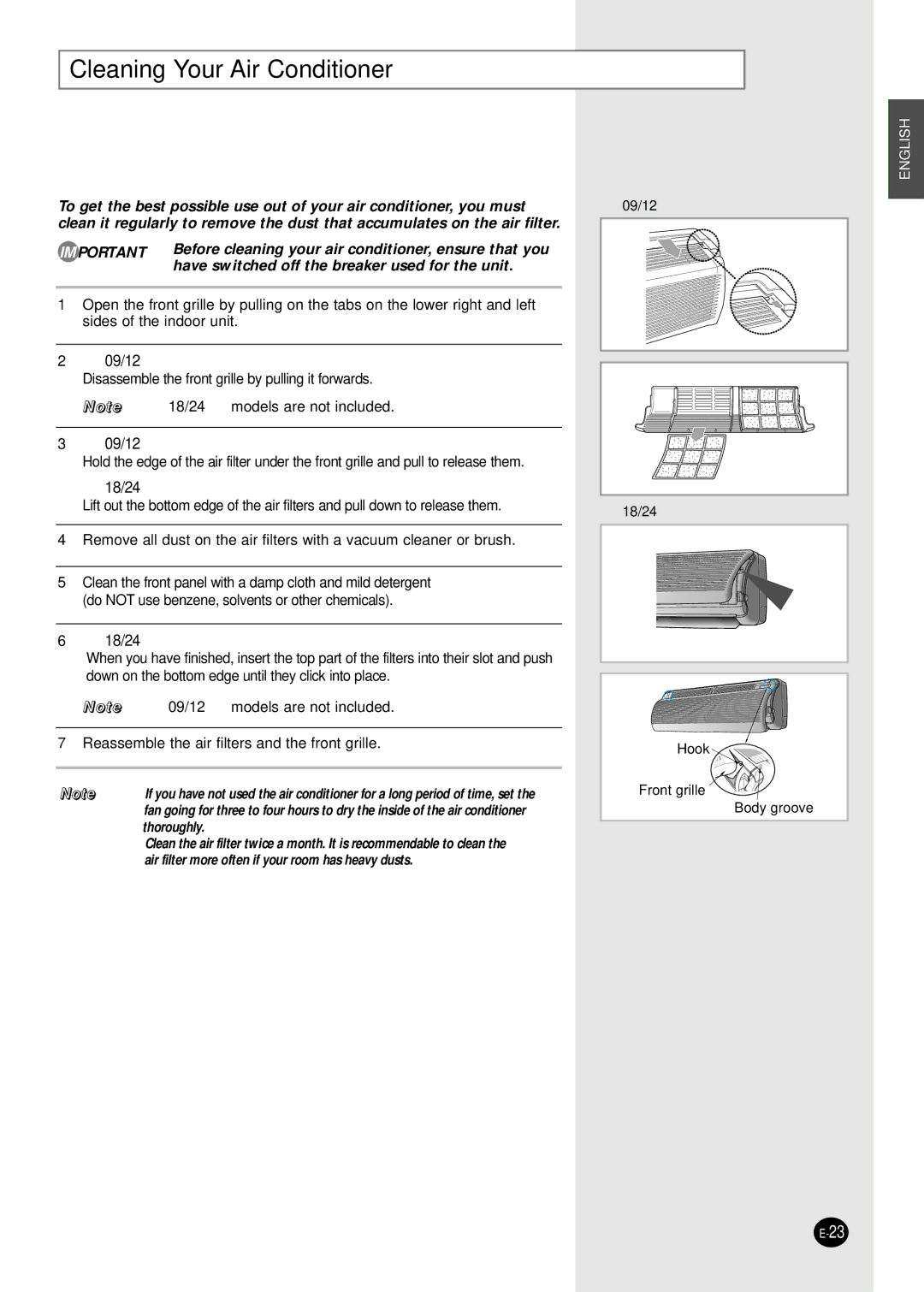 Samsung UQ18A9(0)RCFD, AQ24A1(2)RCD Cleaning Your Air Conditioner, Have switched off the breaker used for the unit 