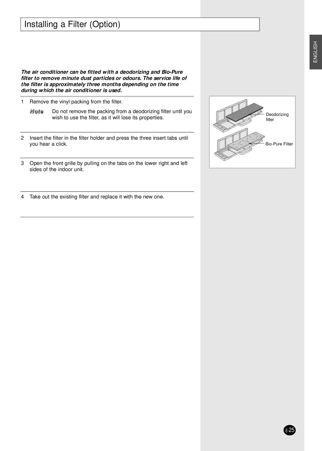 Samsung UQ24A1(2)RCD, AQ24A1(2)RCD, UQ18A9(0)RCFD, UQ12AA(B)MCF, UQ09A5(6)MAF, AQ12AA(B)MCF Installing a Filter Option 