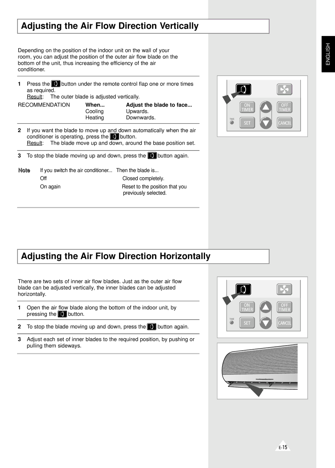 Samsung AQT24B1(B2)QE/B, SH18ZV Adjusting the Air Flow Direction Vertically, Adjusting the Air Flow Direction Horizontally 