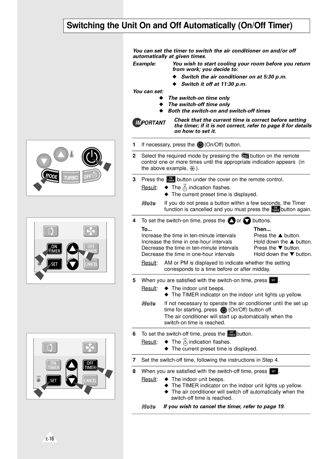 Samsung AQT24A1(A2)QE/B, AQ24A1(A2)QE/B, AQ24B1(B2)QE/B Switching the Unit On and Off Automatically On/Off Timer, Then 