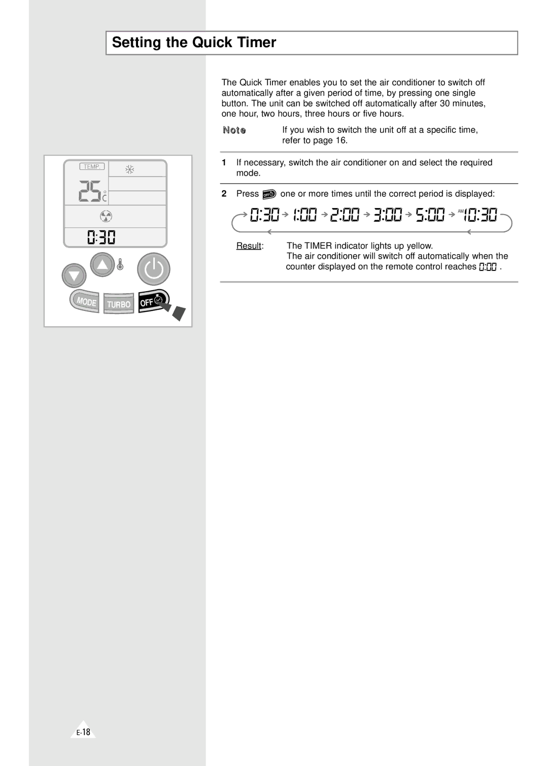 Samsung SH18ZV, AQ24A1(A2)QE/B, AQ24B1(B2)QE/B, AQT18A1(A2)QE/B, AQT24B1(B2)QE/B, AQT24A1(A2)QE/B Setting the Quick Timer, Ode 