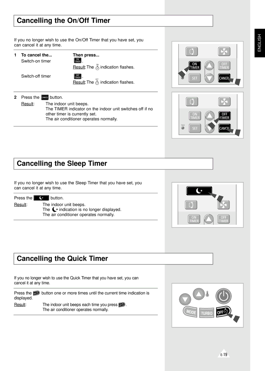 Samsung SH24ZV Cancelling the On/Off Timer, Cancelling the Sleep Timer, Cancelling the Quick Timer, To cancel Then press 