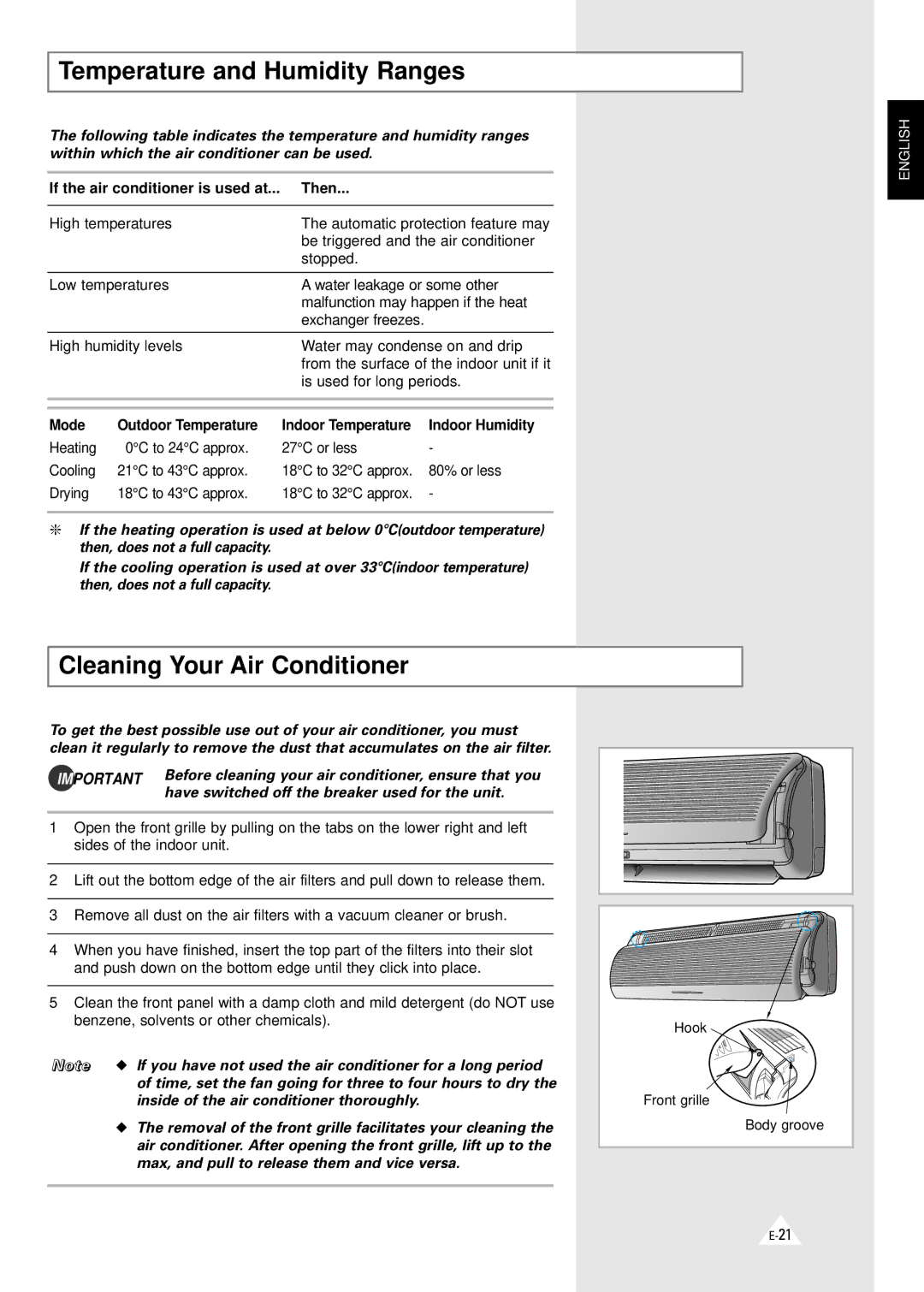 Samsung SH24YA5(A6)D, AQ24A1(A2)QE/B Temperature and Humidity Ranges, Cleaning Your Air Conditioner, Mode, Indoor Humidity 