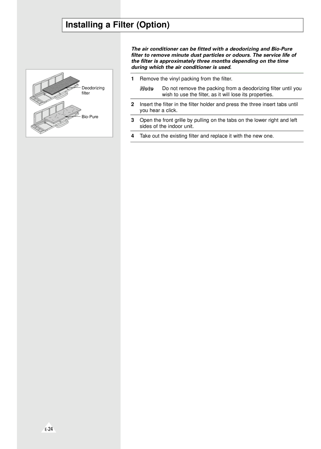 Samsung AQ24A1(A2)QE/B, AQ24B1(B2)QE/B, AQT18A1(A2)QE/B, AQT24B1(B2)QE/B, AQT24A1(A2)QE/B, SH18ZV Installing a Filter Option 