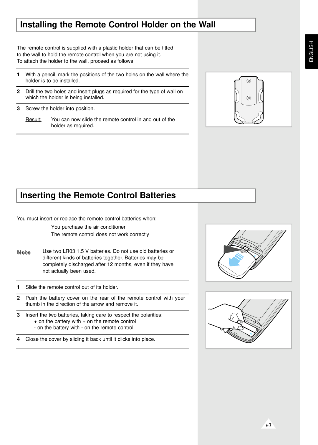 Samsung SH24ZV, AQ24A1(A2)QE/B Installing the Remote Control Holder on the Wall, Inserting the Remote Control Batteries 