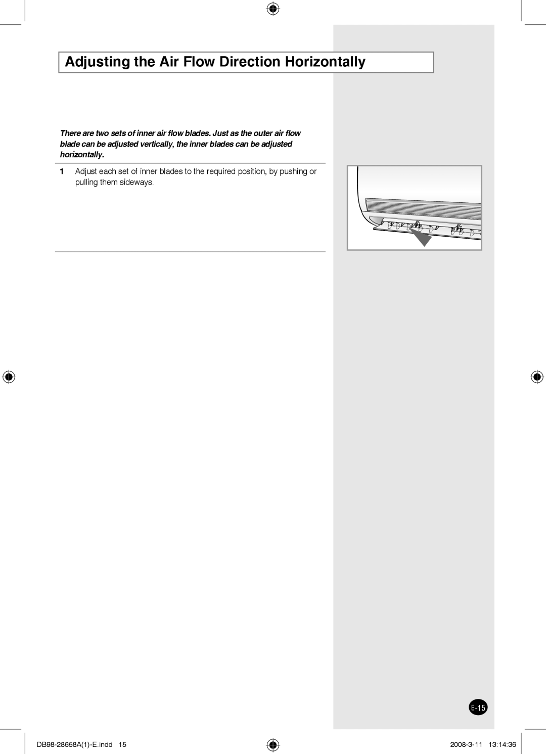 Samsung AQ24FCXUMG, AQ24FCN, AQ18FCNMID, AQ18FCXMID, AQ18FCNBGT manual Adjusting the Air Flow Direction Horizontally 