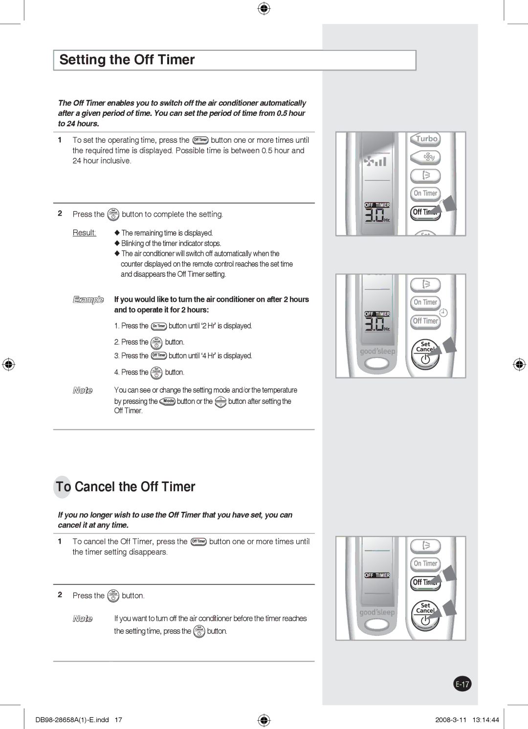 Samsung AQ12FGXMID, AQ24FCN, AQ18FCX, AQ24FCX, AQ18FCN Setting the Off Timer, To Cancel the Off Timer, By pressing Button or 