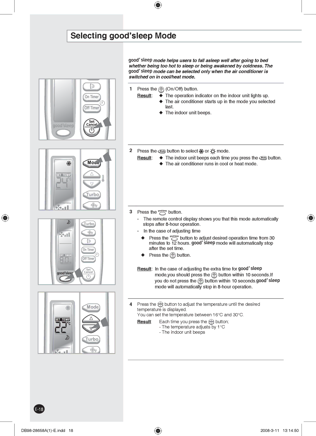 Samsung AQ18FCNUMG, AQ24FCN, AQ18FCX, AQ24FCX Selecting good’sleep Mode, Press On/Off button, Last,  The indoor unit beeps 