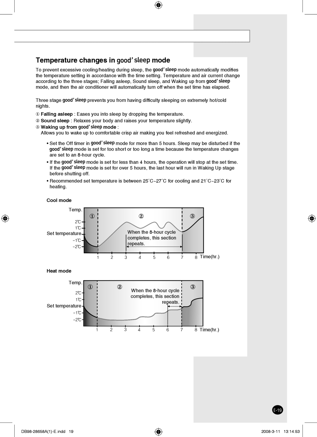 Samsung AQ18FCNXSG, AQ24FCN, AQ24FCX, AQ18FCNMID, AQ18FCXMID, AQ18FCNBGT Temperature changes in mode, Temp Set temperature 