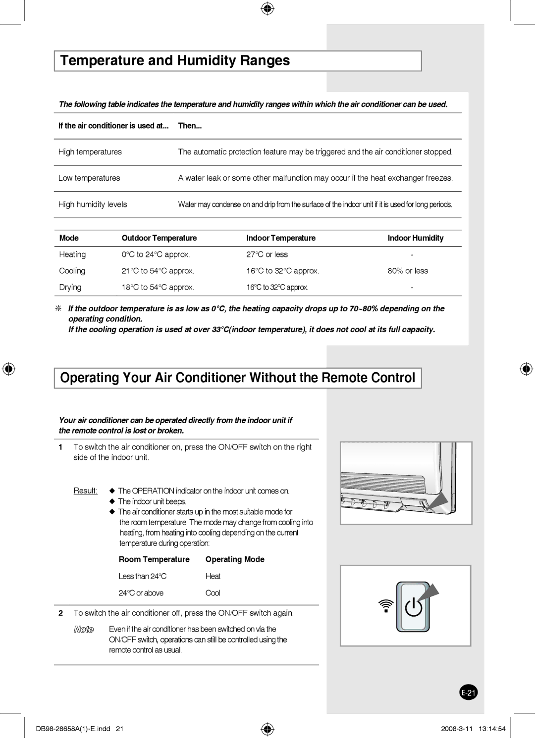 Samsung AQ12FGNBGT, AQ24FCN Temperature and Humidity Ranges, Operating Your Air Conditioner Without the Remote Control 