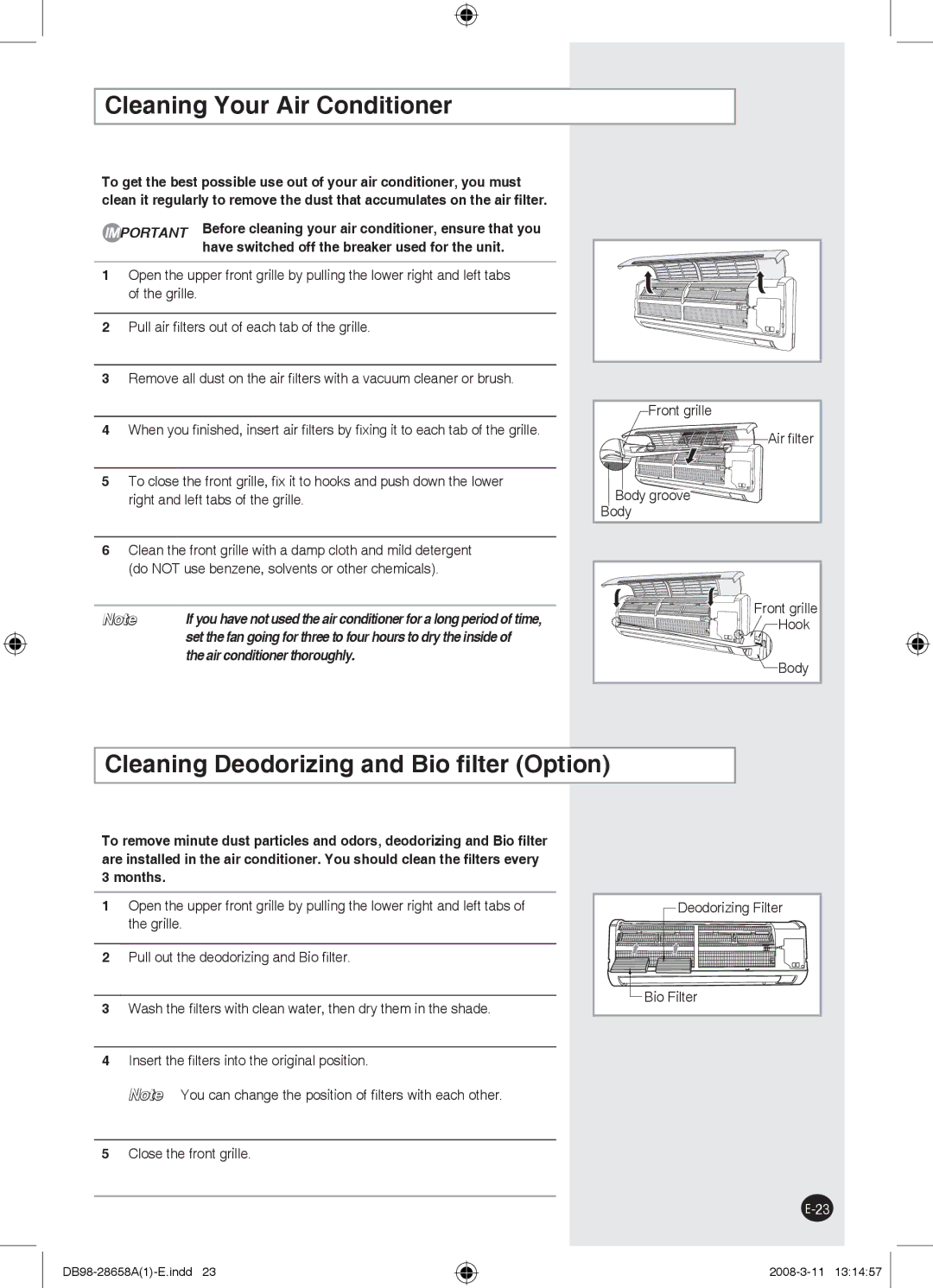 Samsung AQ12FGXUMG, AQ24FCN, AQ18FCX, AQ24FCX manual Cleaning Your Air Conditioner, Cleaning Deodorizing and Bio ﬁlter Option 