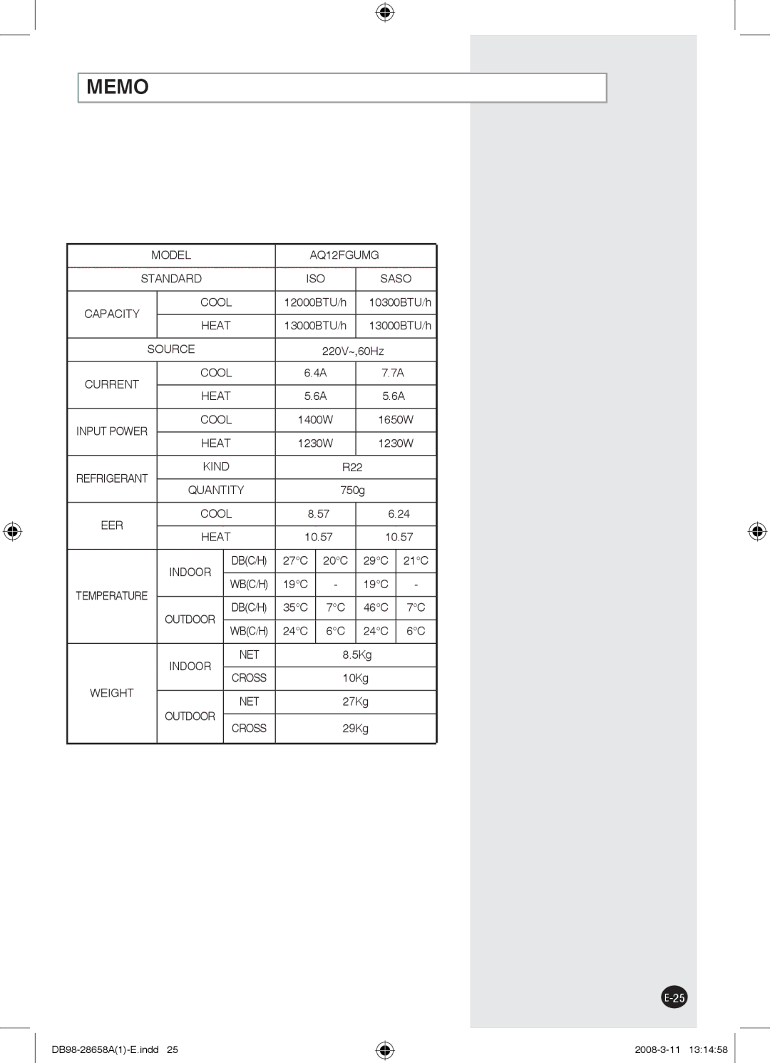 Samsung AQ24FCNMID 10300BTU/h, 13000BTU/h, 220V~,60Hz, 1650W, 1230W, 750g, 10.57, 27C, 35C 46C, 5Kg, 10Kg, 27Kg, 29Kg 