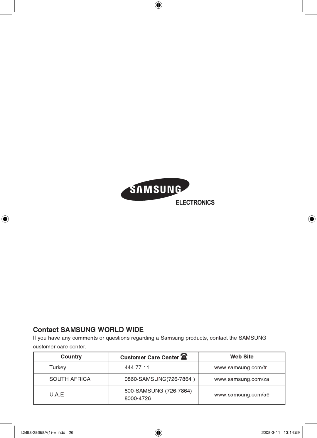 Samsung AQ12FGNMID, AQ24FCN, AQ24FCX, AQ18FCNMID, AQ18FCXMID, AQ18FCNBGT, AQ18FCNCTC manual Contact Samsung World Wide 