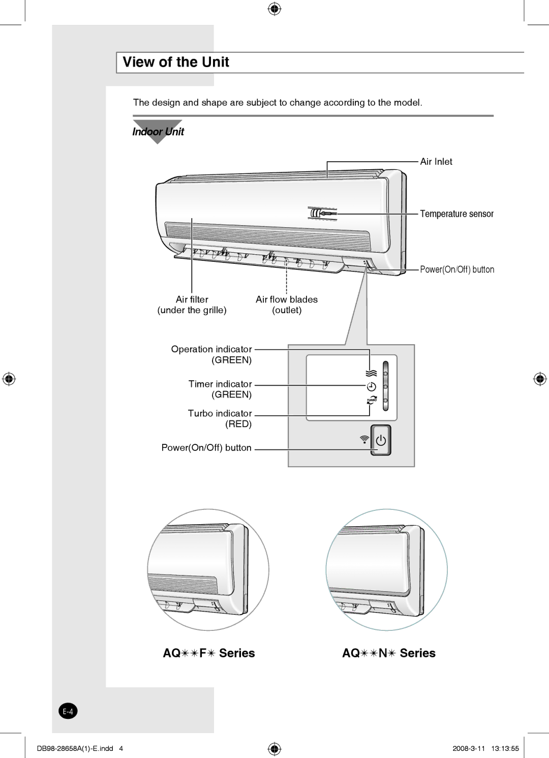 Samsung AQ24FCN, AQ18FCNMID, AQ18FCXMID, AQ18FCNBGT, AQ18FCNCTC, AQ24FCXBYD, AQ24FCXXSG View of the Unit, Indoor Unit 