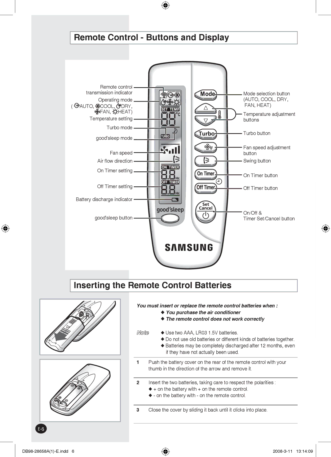 Samsung AQ18FCXMID manual Remote Control Buttons and Display, Inserting the Remote Control Batteries, Temperature setting 