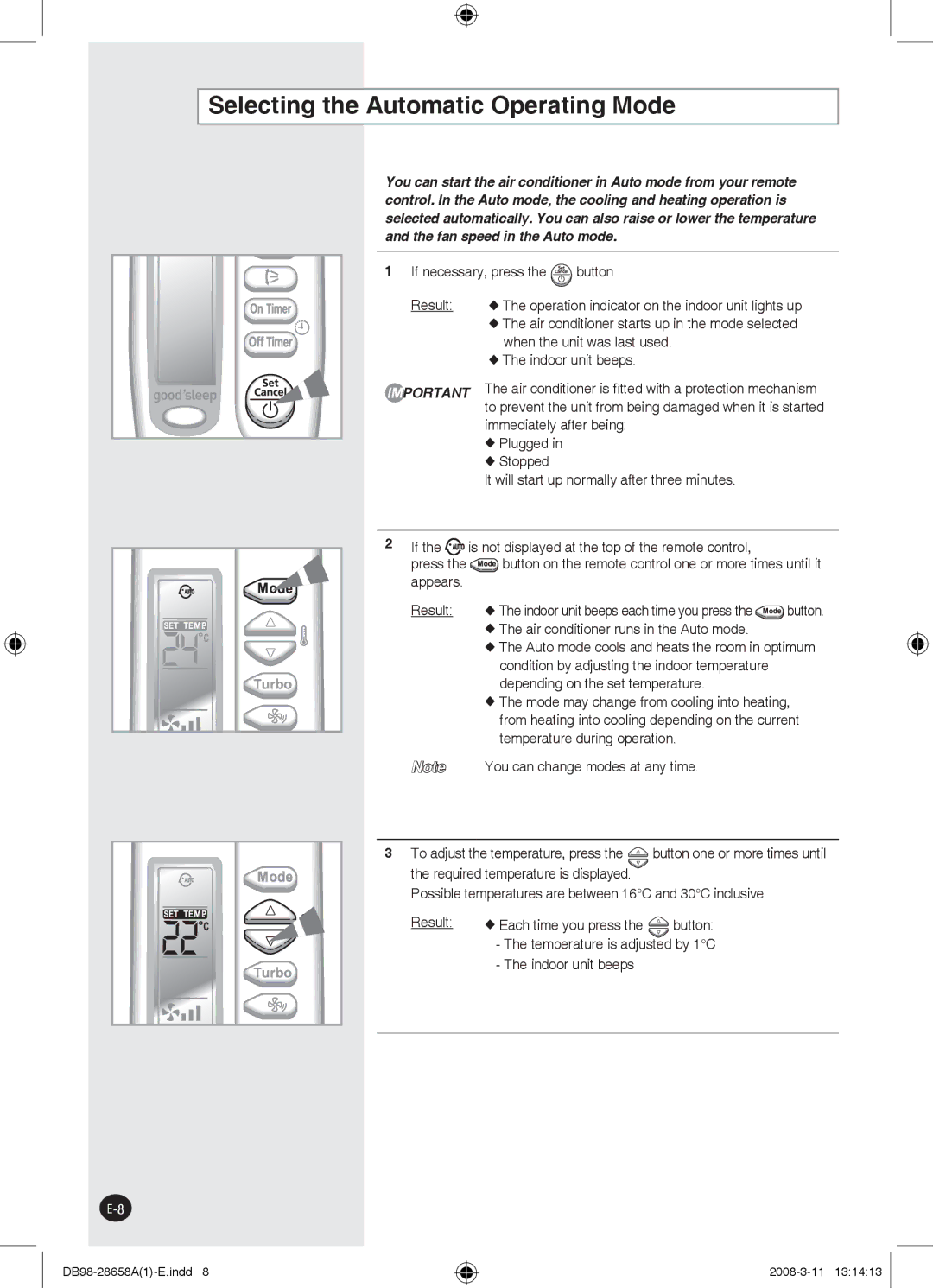 Samsung AQ18FCNCTC, AQ24FCN, AQ18FCX, AQ24FCX manual Selecting the Automatic Operating Mode, If necessary, press the button 