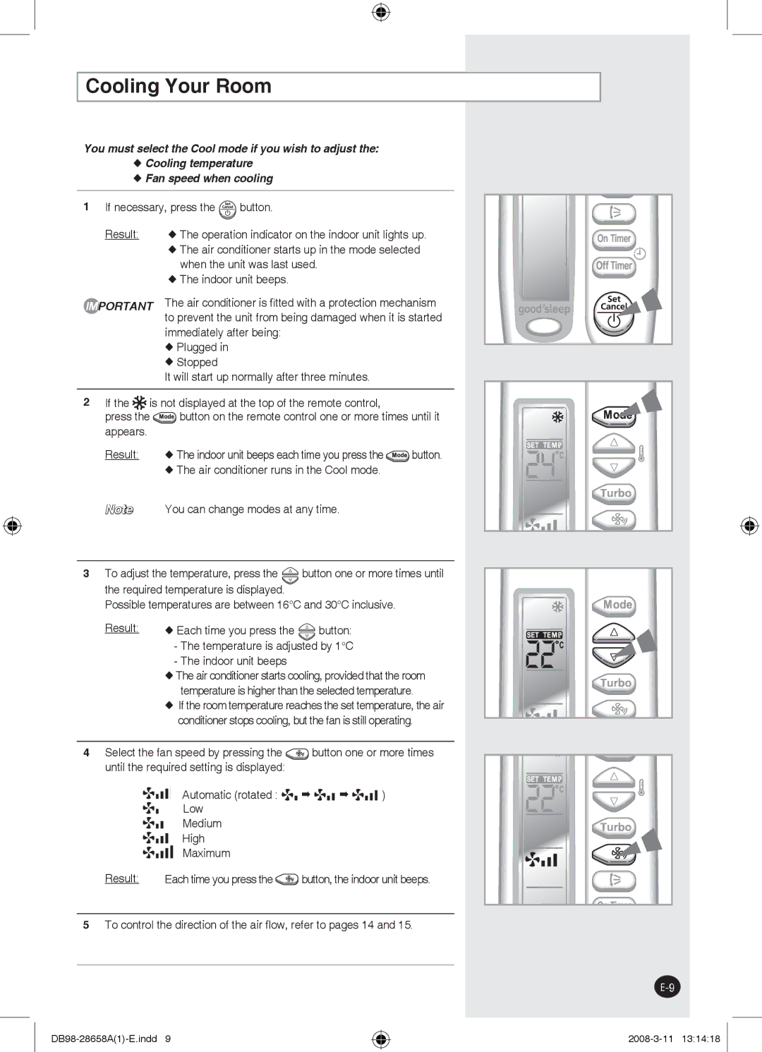 Samsung AQ24FCXBYD, AQ24FCN, AQ18FCX, AQ18FCN Cooling Your Room, To control the direction of the air ﬂow, refer to pages 14 