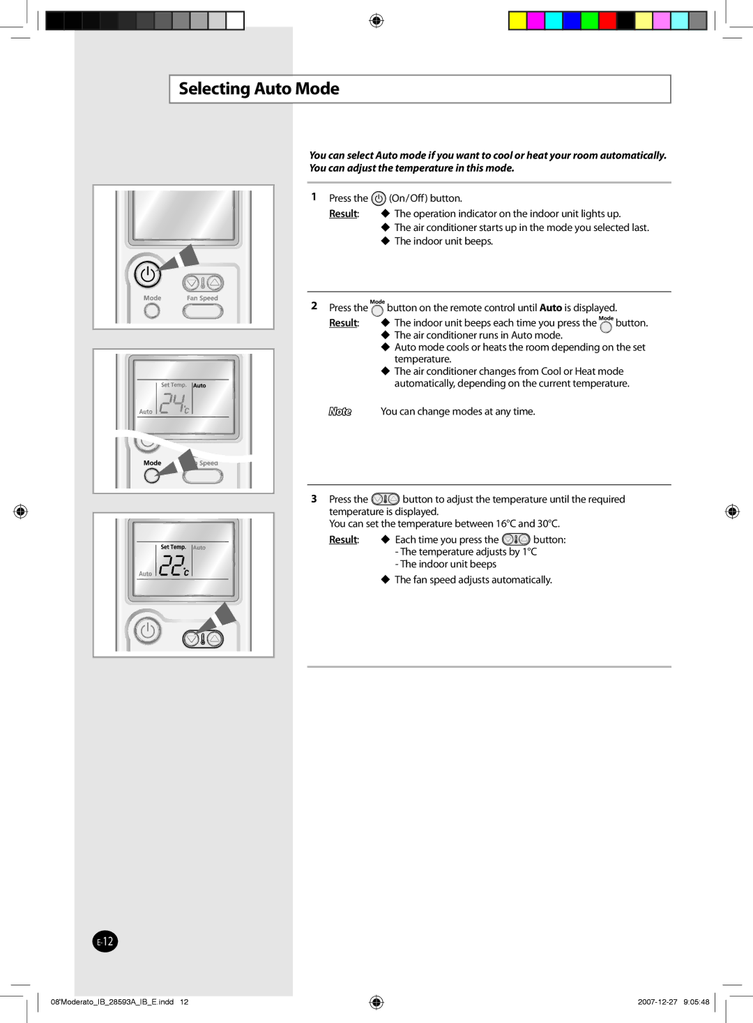 Samsung AQ24MSDN, AQ24MSDX, AQ12MSDX, AQ18MSDX, AQ12MSDN, AQ18MSDN, AQ09MSDX, AQ09MSDN manual Selecting Auto Mode, Result 