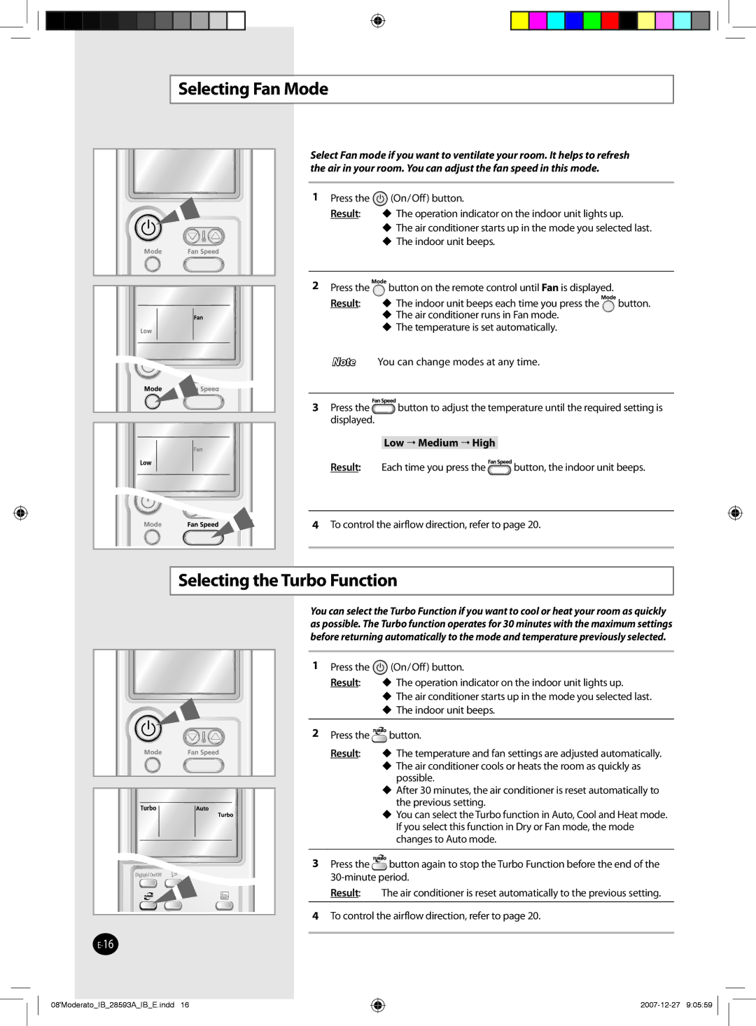 Samsung AQ09MSDN, AQ24MSDX, AQ12MSDX, AQ18MSDX manual Selecting Fan Mode, Selecting the Turbo Function, Low  Medium  High 