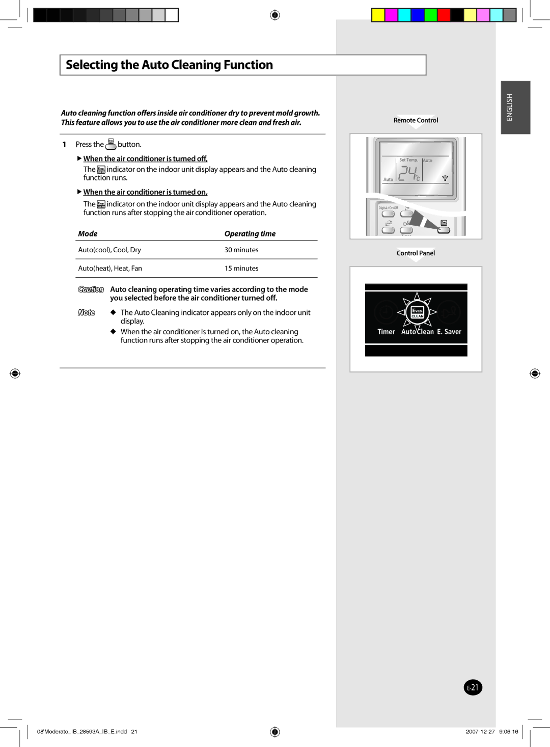 Samsung AQ12MSDN, AQ24MSDX, AQ12MSDX manual Selecting the Auto Cleaning Function,  When the air conditioner is turned off 