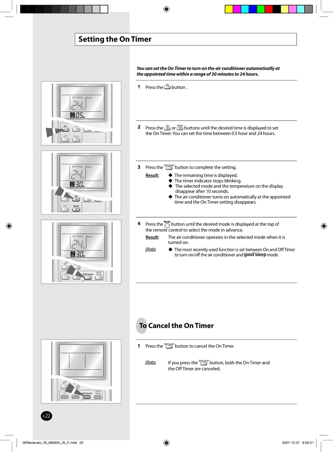 Samsung AQ18MSDN, AQ24MSDX, AQ12MSDX, AQ18MSDX, AQ24MSDN, AQ12MSDN, AQ09MSDX manual Setting the On Timer, To Cancel the On Timer 