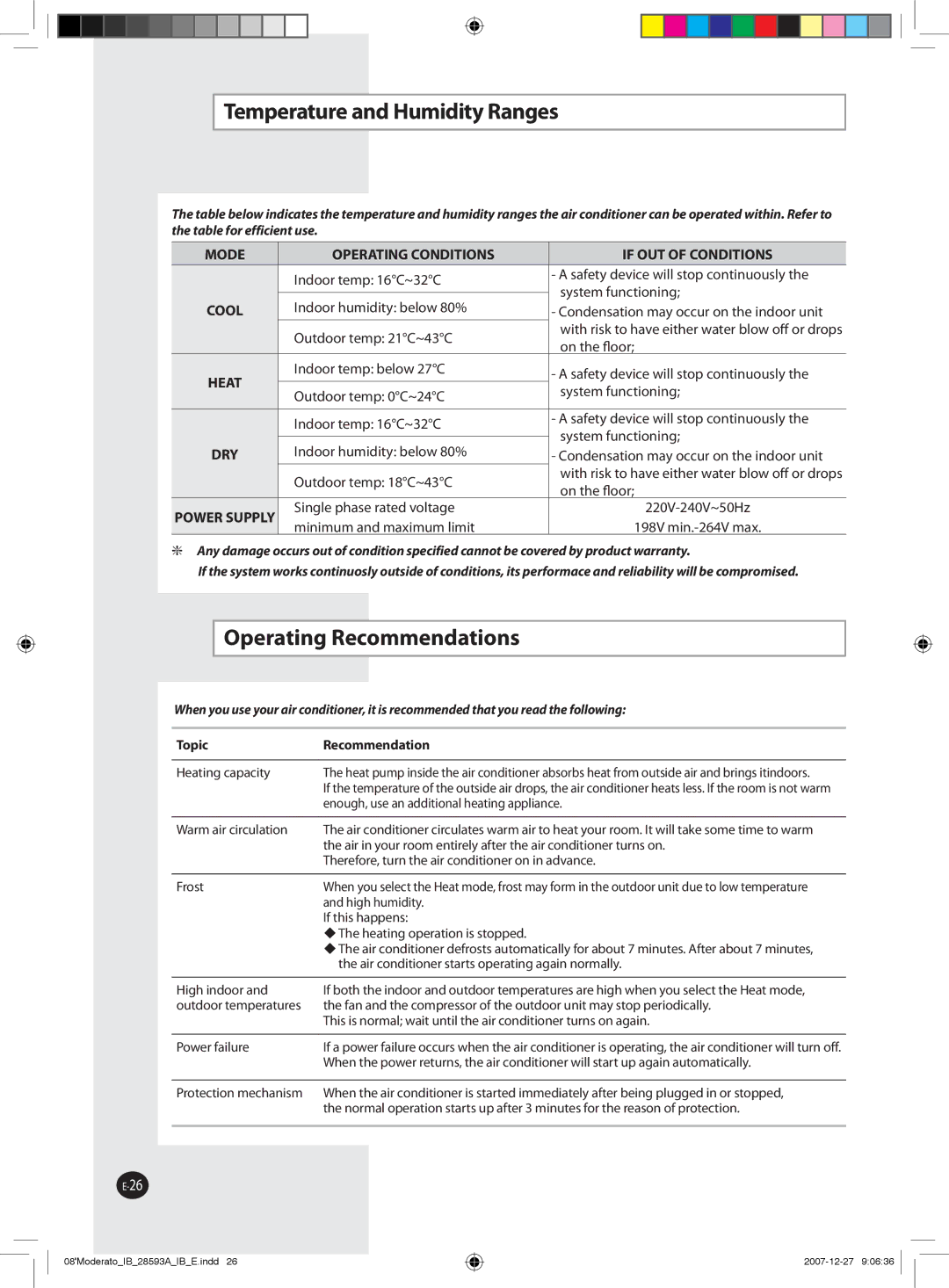 Samsung AQ12MSDX, AQ24MSDX, AQ18MSDX, AQ24MSDN, AQ12MSDN, AQ18MSDN Temperature and Humidity Ranges, Operating Recommendations 