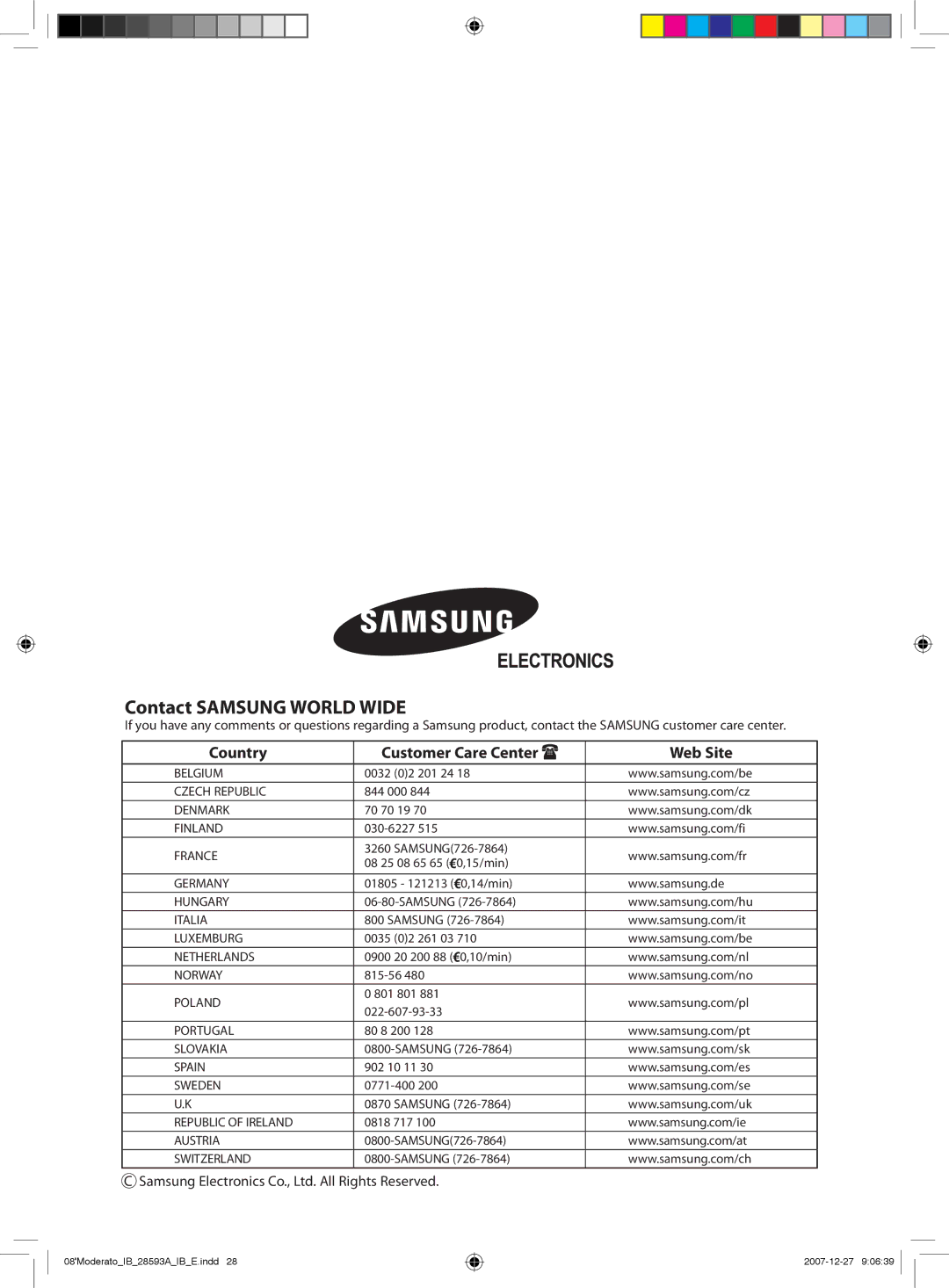 Samsung AQ24MSDN, AQ24MSDX, AQ12MSDX, AQ18MSDX, AQ12MSDN, AQ18MSDN, AQ09MSDX, AQ09MSDN manual Contact Samsung World Wide 