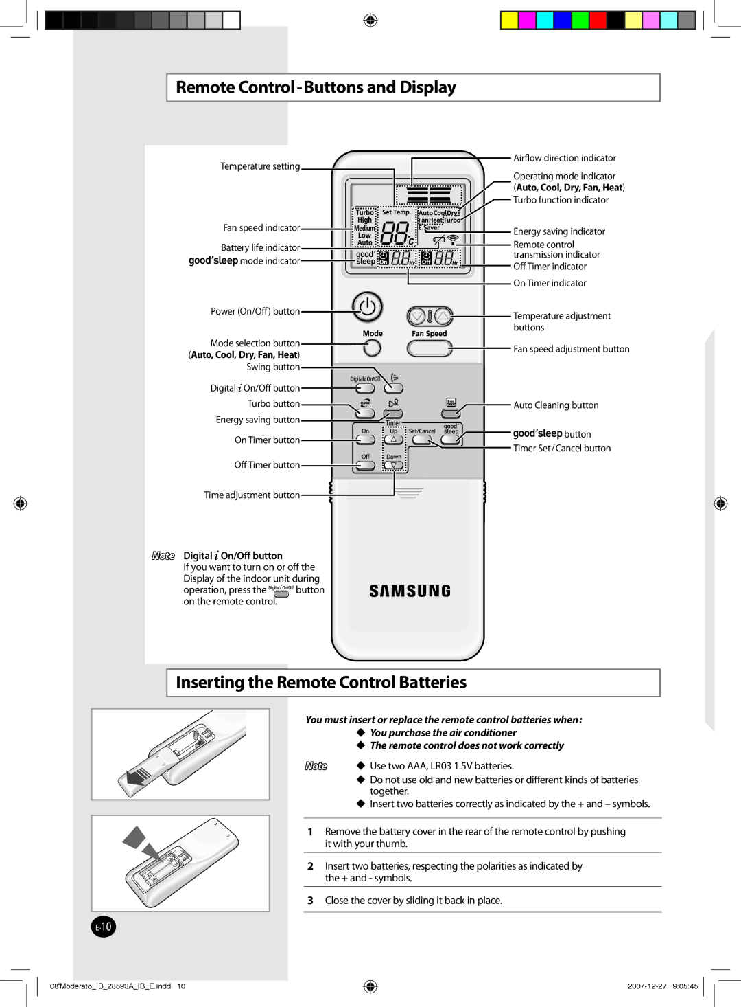 Samsung AQ12MSDX, AQ24MSDX, AQ18MSDX, AQ24MSDN Remote Control-Buttons and Display, Inserting the Remote Control Batteries 