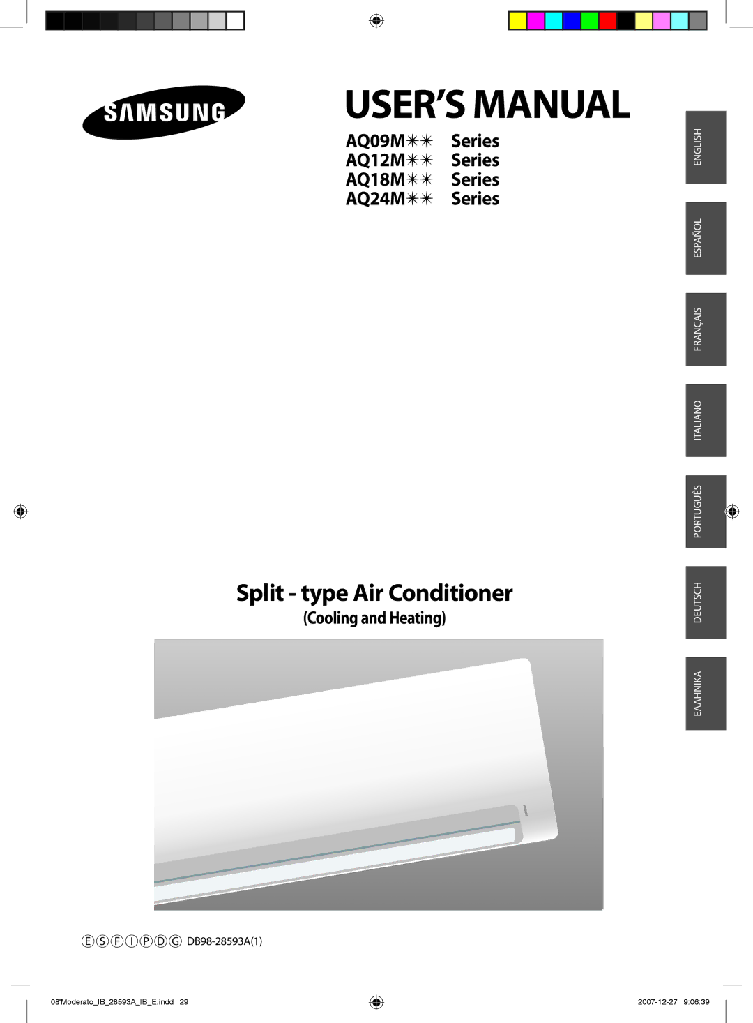 Samsung AQ12MSDX, AQ24MSDX manual USER’S Manual, Split type Air Conditioner, Cooling and Heating, F I P D G DB98-28593A1 