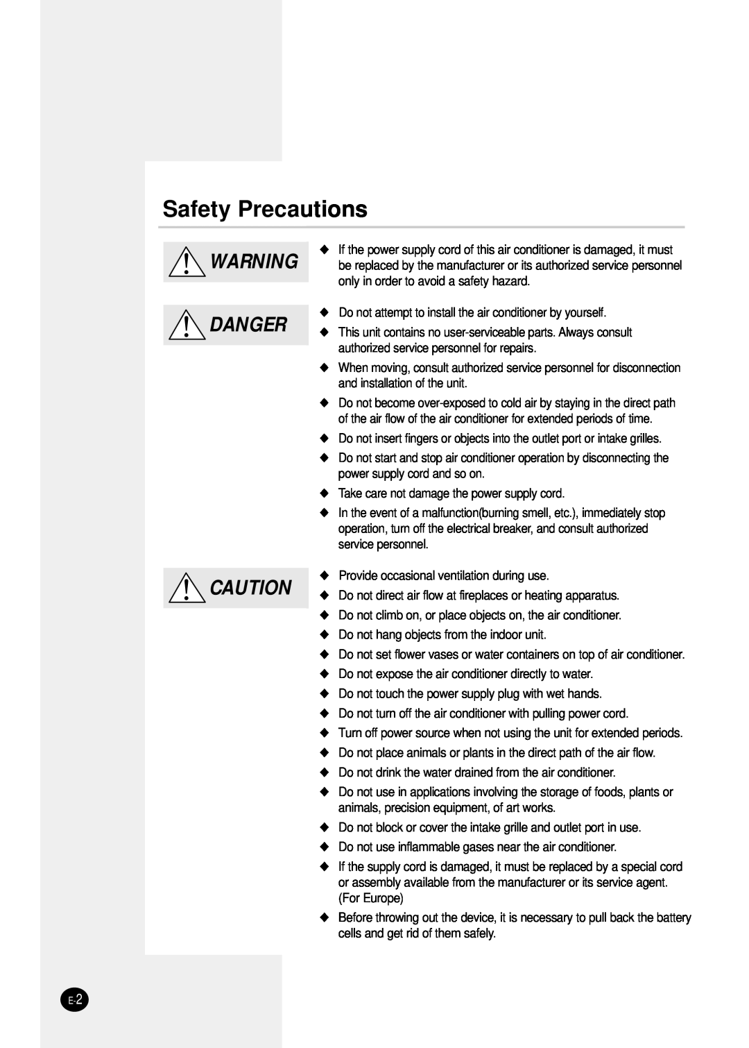 Samsung UQ09P8GE, AQ24P6GB, UQ07PBGE, UQ07P8GE, AQT24P6GE, SH24TP6A, SH09ZPGA, SH12ZPG, SH07ZPGAX Safety Precautions, Danger 