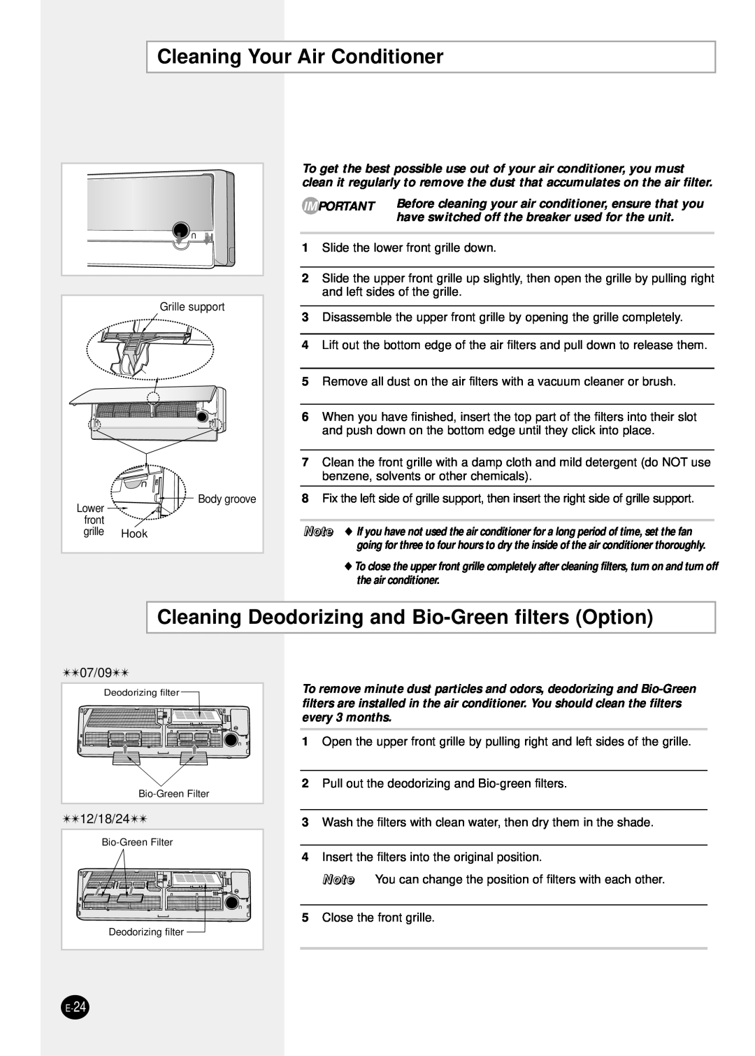 Samsung AQT24P6GE Cleaning Your Air Conditioner, Cleaning Deodorizing and Bio-Greenfilters Option, 07/09, 12/18/24 