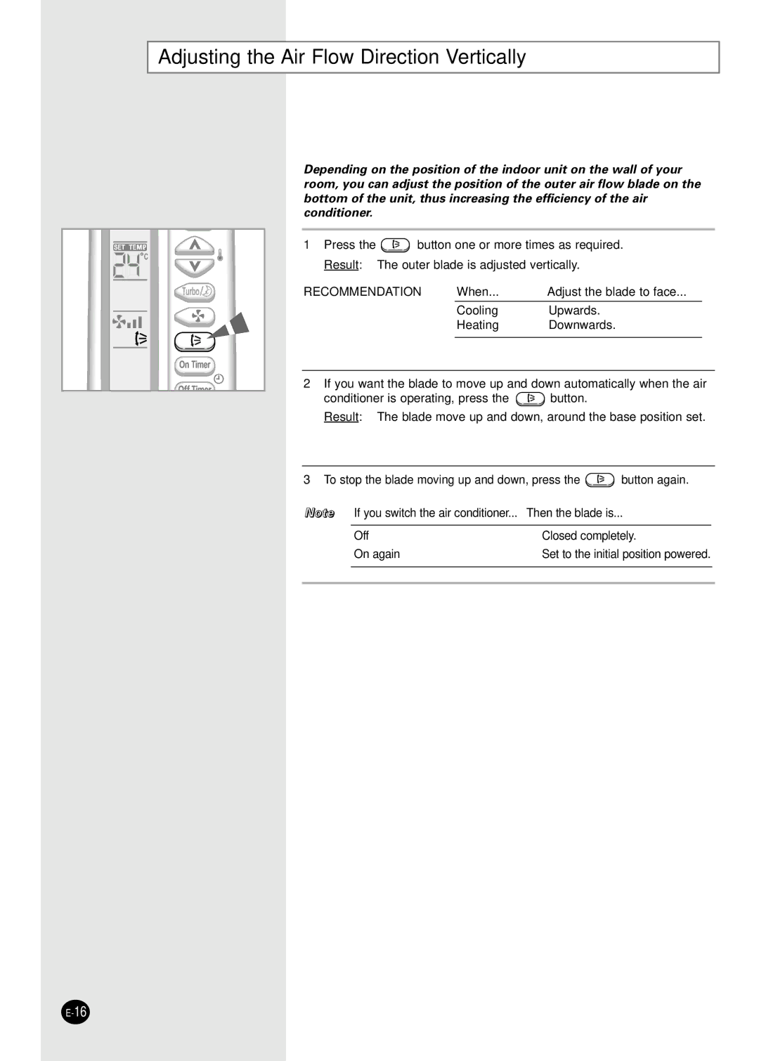 Samsung SH18ZS0, AQ24S6GB, UQ07SBGE, UQ09SBGE, UQ12SBGE, UQ09S8GE Adjusting the Air Flow Direction Vertically, Recommendation 