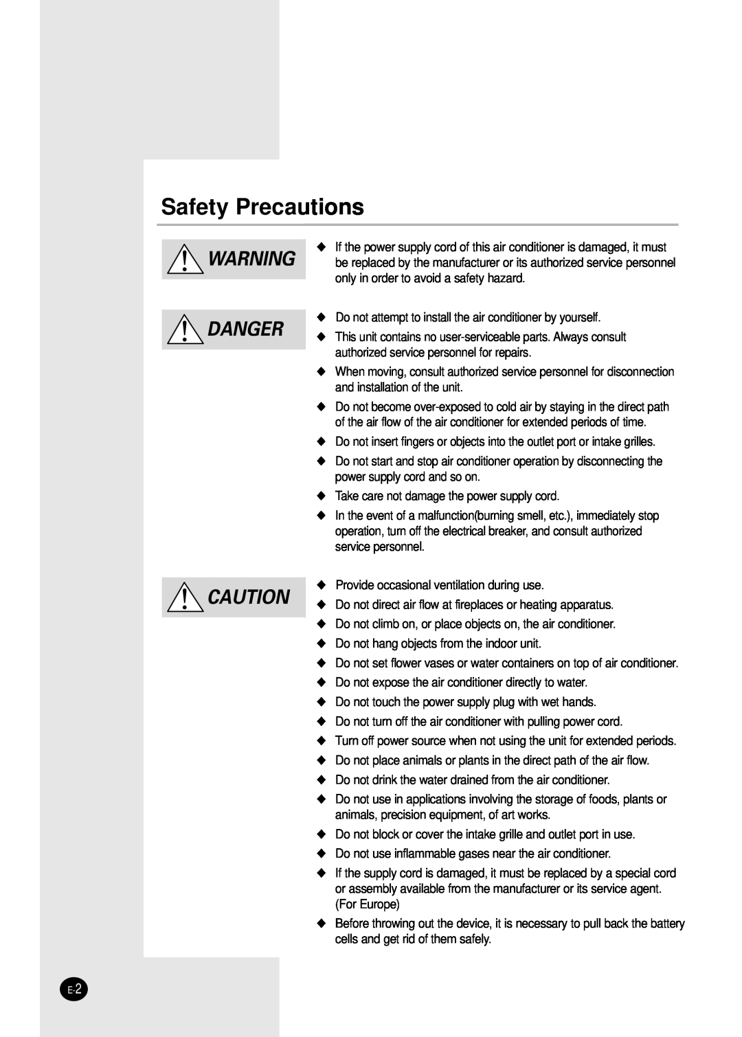 Samsung UQ09SBGE, AQ24S6GB, UQ07SBGE, UQ12SBGE, UQ09S8GE, UQ12SGGB, UQ07S8GE, UQ12SGGE, AQ18S0GB manual Safety Precautions, Danger 