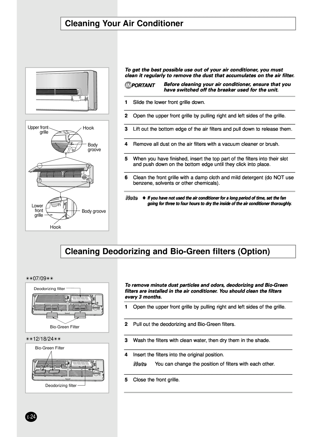 Samsung AQ07SBGE, SH24TS6 Cleaning Your Air Conditioner, Cleaning Deodorizing and Bio-Greenfilters Option, 07/09, 12/18/24 