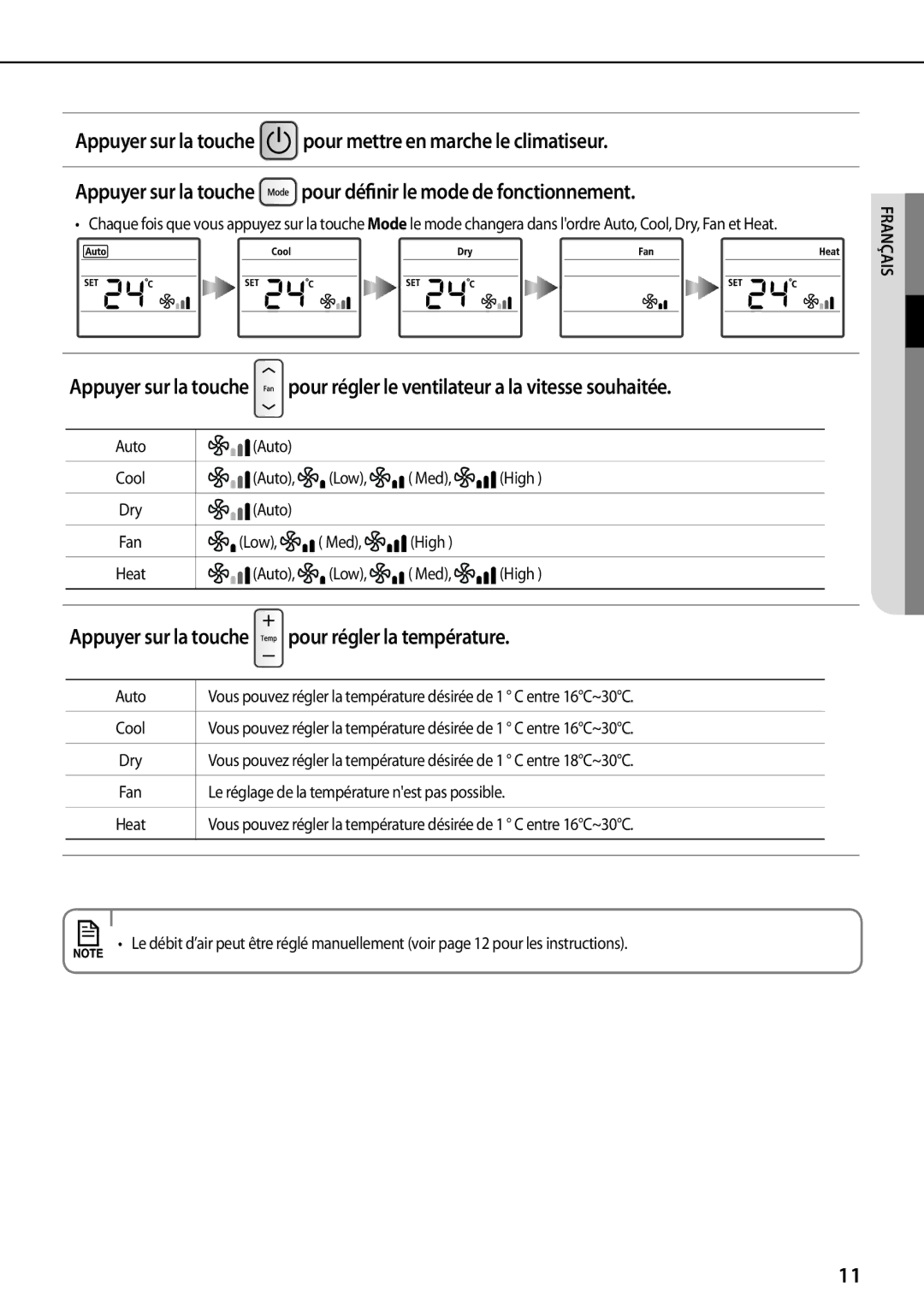 Samsung AQ18UGFN, AQ24TSBXEUR, AQ18TSBN, AQ12UGFN, AQ24TSBN, AQ18TSBX manual Appuyer sur la touche pour régler la température 