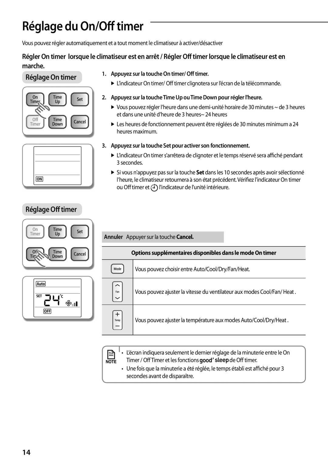 Samsung AQ24TSBX Réglage du On/Off timer, Appuyez sur la touche On timer/ Off timer, Annuler Appuyer sur la touche Cancel 