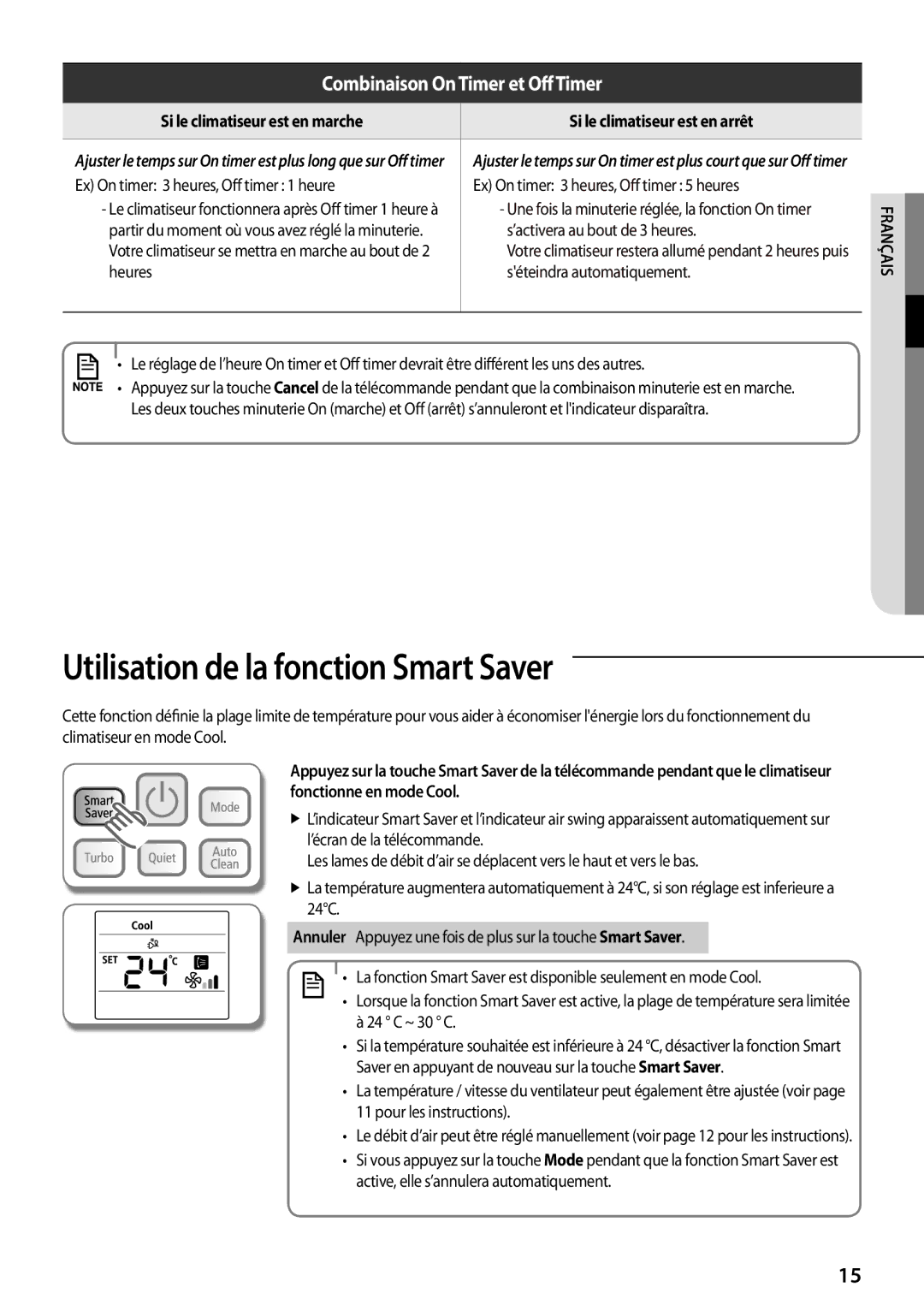 Samsung AQ24UGFX, AQ24TSBXEUR, AQ18TSBN, AQ12UGFN, AQ24TSBN, AQ18TSBX, AQ09UGFX, AQ18UGFX Utilisation de la fonction Smart Saver 