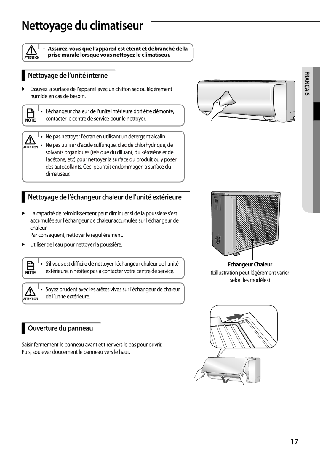 Samsung AQ18TSBNEUR manual Nettoyage du climatiseur, Nettoyage de l’unité interne, Ouverture du panneau, Echangeur Chaleur 