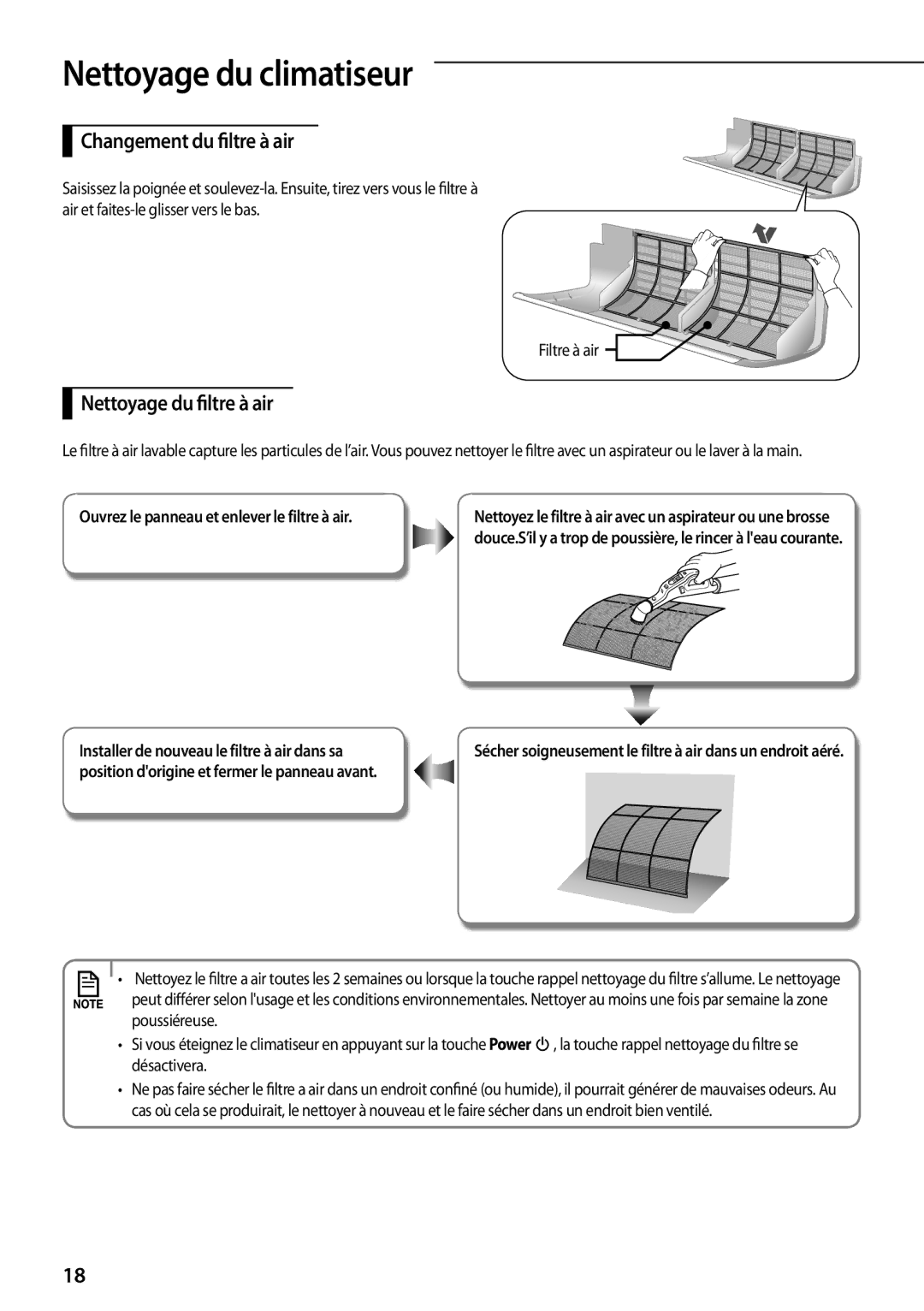 Samsung AQ12UGFX manual Changement du filtre à air, Nettoyage du filtre à air, Ouvrez le panneau et enlever le filtre à air 