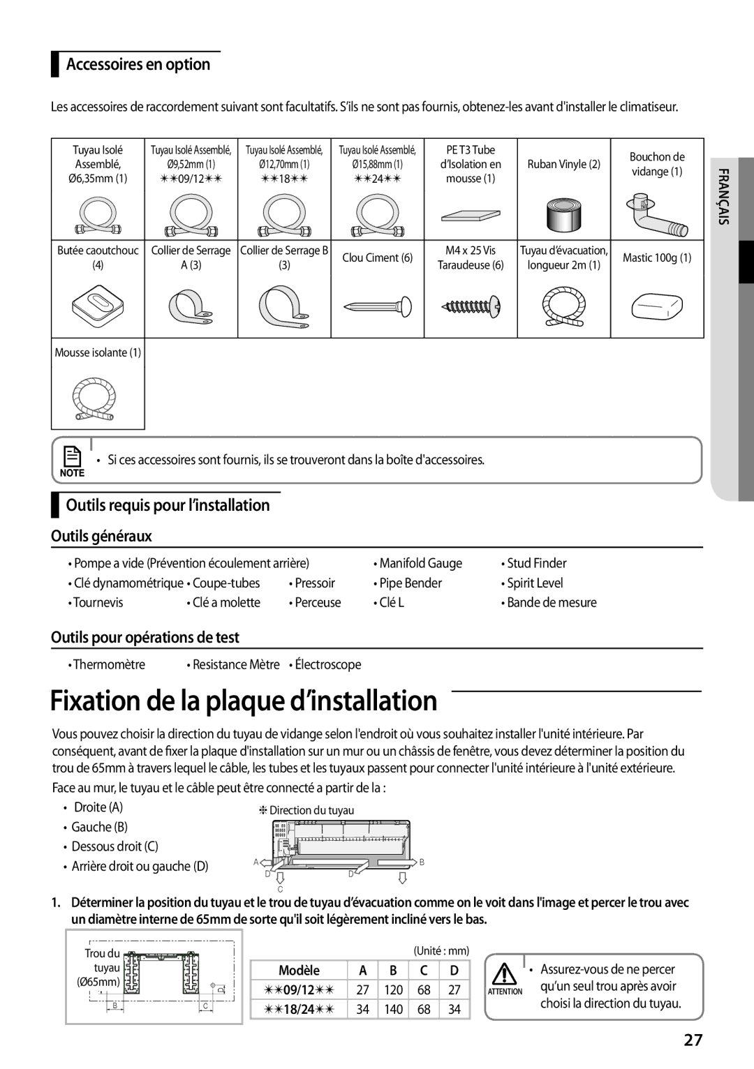 Samsung AQ12TSBXEUR, AQ18TSBN Fixation de la plaque d’installation, Accessoires en option, Outils pour opérations de test 