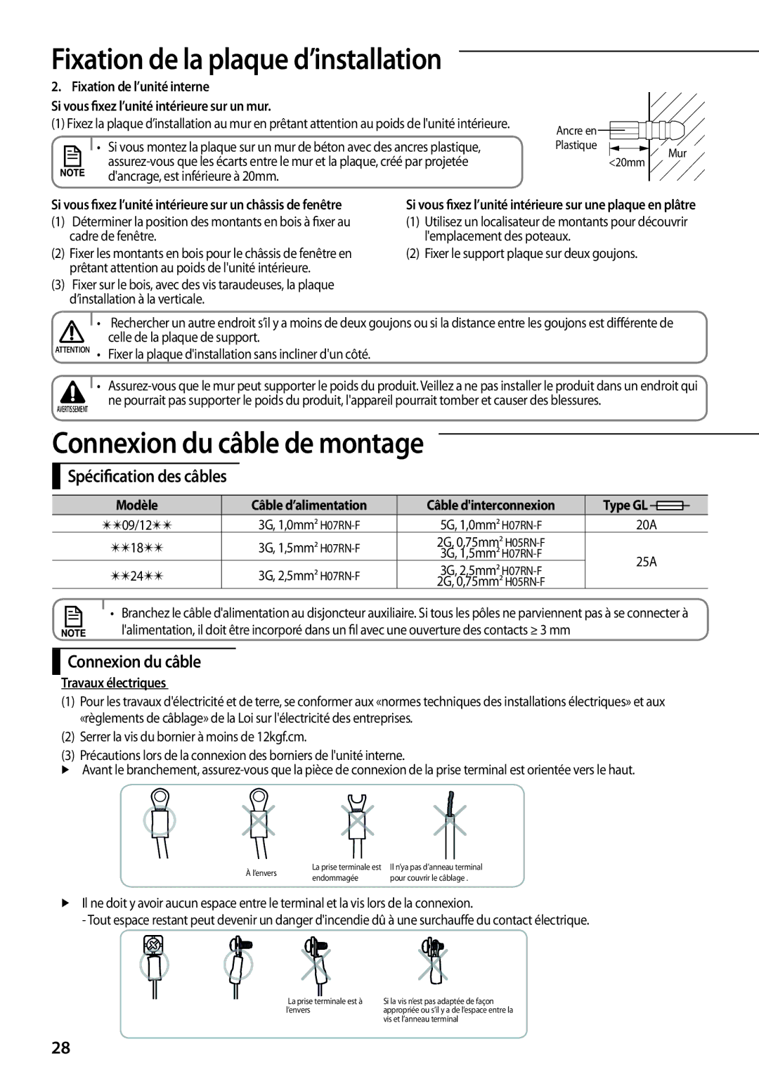 Samsung AQ18UGFX, AQ24TSBXEUR, AQ18TSBN manual Connexion du câble de montage, Spécification des câbles, Travaux électriques 